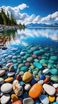 A stunning image of a crystal-clear lake with smooth, colorful pebbles lining the shore. The water reflects the vibrant blue sky and fluffy clouds above, creating a truly breathtaking scene.This mesmerizing photo showcases the beauty of nature with a close-up of smooth, colorful pebbles glistening in the crystal-clear water of a serene lake. The surrounding landscape completes the picture with lush green mountains and a bright blue sky.