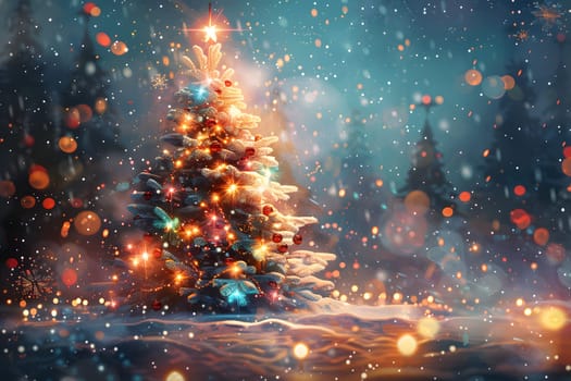 A Christmas tree is adorned with lights and ornaments under the midnight sky, surrounded by snowcovered space. It is a festive event that brings warmth and recreation amidst the darkness