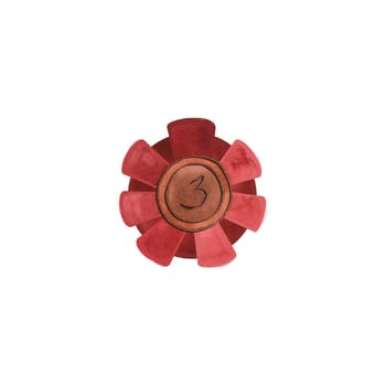 A bronze plated medal with a red ribbon border for the winner of a competition or exhibition. Symbol of good luck and achievement, prize, reward. Isolated watercolor illustration on white background. Clipart.