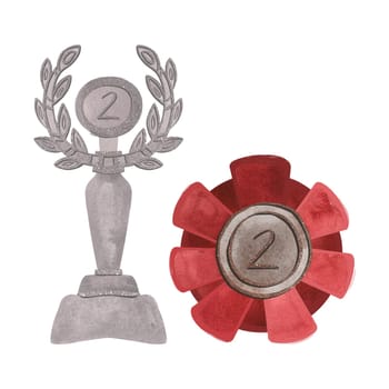 A set of silver awards for the winner in second place: a cup and a medal. Isolated watercolor illustration on white background. Clipart.