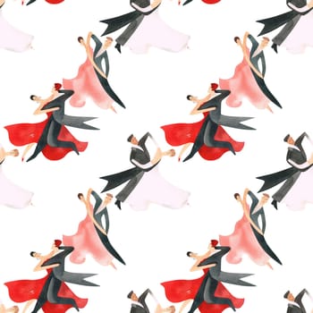 Ballroom dancing, standard. Adult couples on the parquet. Isolated watercolor illustration. Seamless pattern. White background.