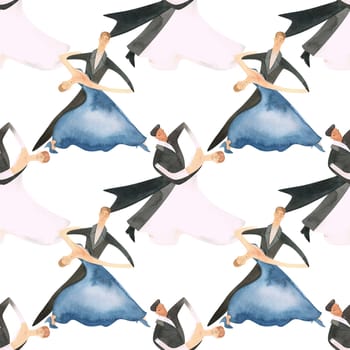 Ballroom dancing, standard. Adult couples on the parquet. Isolated watercolor illustration. Seamless pattern. White background.