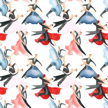 Ballroom dancing, standard. Adult couples on the parquet. Isolated watercolor illustration. Seamless pattern. White background.