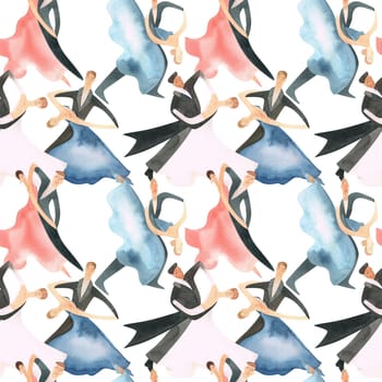Ballroom dancing, standard. Adult couples on the parquet. Isolated watercolor illustration. Seamless pattern. White background.