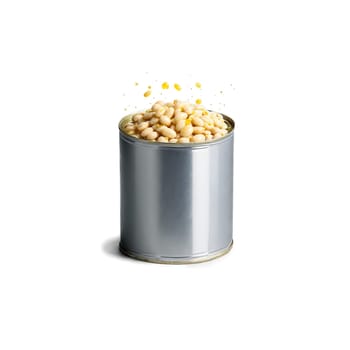 Canned butter beans creamy and plump spilling out of a can with liquid droplets and. Food isolated on transparent background.