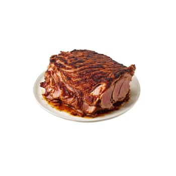 Pork shoulder with crispy skin sliced floating and steaming Food and culinary concept. Food isolated on transparent background.