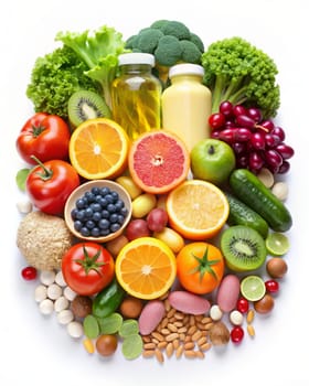 Fruits, vegetables, vitamins, juices and supplements. Food sources rich of vitamins, minerals and natural antioxidants.Broccoli, tomato, cucumber, green salad, lemon, oranges, berries. Healthy lifestyle concept. Ai generated image