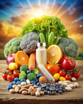 Food sources rich in vitamins, minerals and natural antioxidants. Fruits, vegetables, vitamins and supplements. Broccoli, tomato, cucumber, green salad, lemon, oranges, berries. Healthy lifestyle concept. Ai generated image