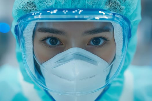 Medical professional in protective gear with face shield, focused gaze through goggles