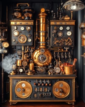 Elaborate brass and copper steampunk machinery with gauges, dials, and pipes emitting steam