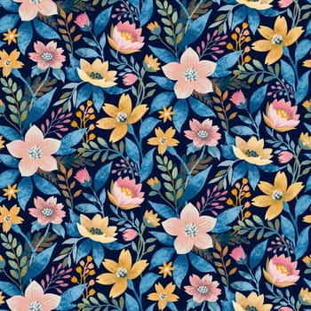 Half Drop Floral Seamless Pattern with Yellow, White, Pink Flowers and Blue Green Leaves on Dark Blue. Wallpaper Design for Textiles, Fabrics, Papers, Fashion Prints, Beauty Products, Wrappings.