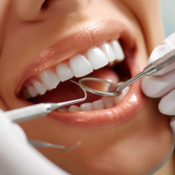 A woman is having her teeth examined by a dentist, focusing on her mouth, teeth, lips, cheeks, skin, and tongue