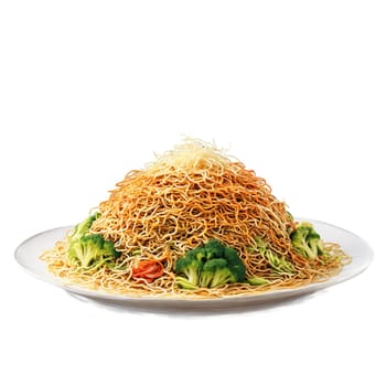 Vegetable chow mein mandala a crispy mandala of vegetable chow mein with bean sprouts. Food isolated on transparent background.