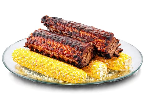 Fourth of July BBQ barbecue ribs and corn on the cob served on a transparent. Food isolated on transparent background.