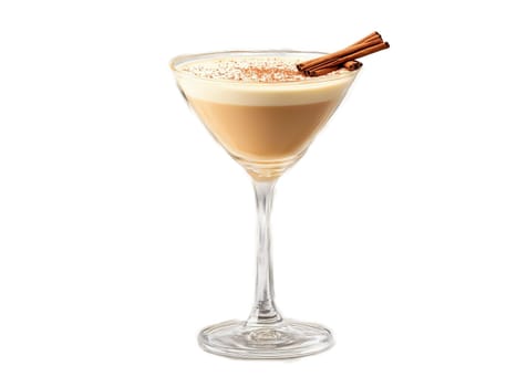 Brandy Alexander An elegant cocktail glass with creamy brown liquid nutmeg sprinkle and cinnamon stick. Drink isolated on transparent background.