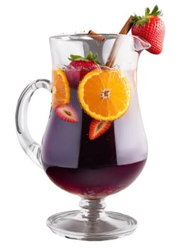 Sangria Red wine soaked fruits strawberries oranges and apples floating in glass pitcher with cinnamon stick. Drink isolated on transparent background.