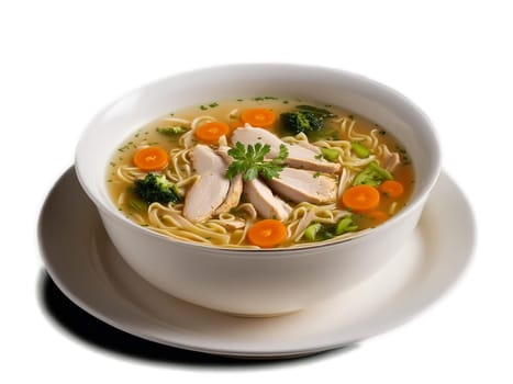 Chicken Soup Heartwarming chicken soup filled with vegetables noodles and tender chunks of chicken comfort. Food isolated on transparent background.
