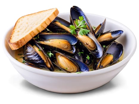 Moules Frites Steamed mussels in white wine and garlic broth served with crispy french fries. Food isolated on transparent background.