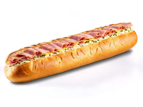 Baguette with ham cheese and butter. Food isolated on transparent background.