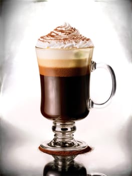 Irish Coffee clear glass mug filled with hot coffee topped with layer of creamy whiskey. Drink isolated on transparent background.