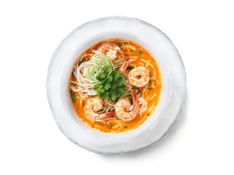 Laksa spicy noodle soup with shrimp and coconut milk served in a transparent glass bowl. Food isolated on transparent background.