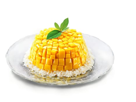 Mango sticky rice sweet and tropical on a transparent glass dessert dish Thai delicacy. Food isolated on transparent background.