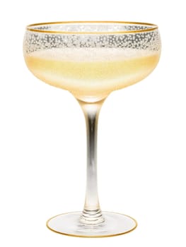 Vintage hollow stem coupe glass, crystal saucer with air bubble in stem, golden champagne bubbles, soft front lighting, romantic wedding theme, isolated.