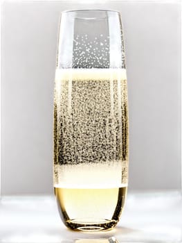 Modern stemless champagne flute, clear cylindrical tumbler, strings of bubbles in sparkling wine, side view silhouette, bright backlight, pure white background.