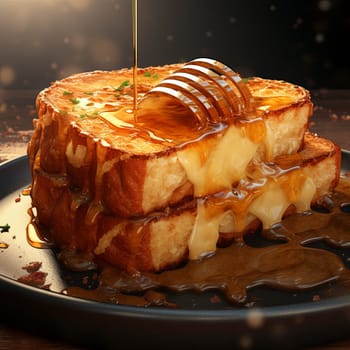A stack of two slices of toast with melted cheese and honey on a plate. The honey is dripping down the sides of the toast. The toast is on a white plate on a white table.