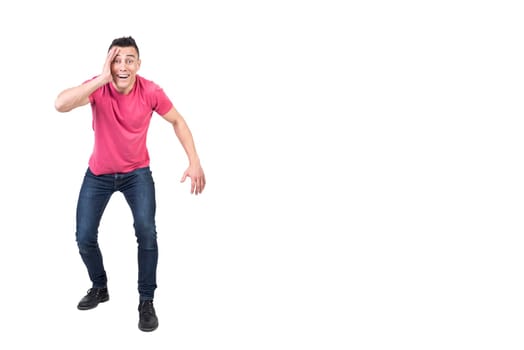 Full body of shocked male with hand in face looking at camera with amazed face isolated on white background in studio