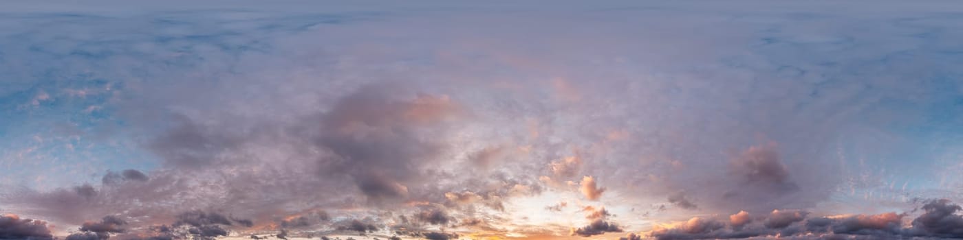 Dramatic Sunset sky 360 panorama. Vibrant sky with bright glowing red pink Cumulus clouds. HDR 360 seamless spherical panorama. Sky dome for aerial drone panoramas. Climate and weather change