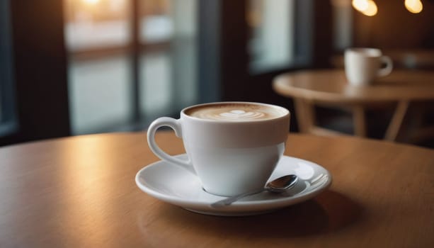 Cafe hot cup of coffee on a saucer on a dark background, casting a thin shadow. Bokeh in the background