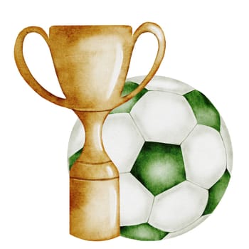 Soccer ball watercolor. Football ball and prize cup hand drawn illustration isolated on white background. Sports equipment. For football club logo, poster and football match tickets. High quality illustration