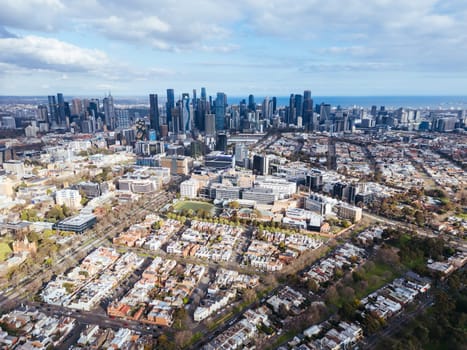 Aerial view of Melbourne skyline on a cool winter's day from Parkville in Victoria, Australia