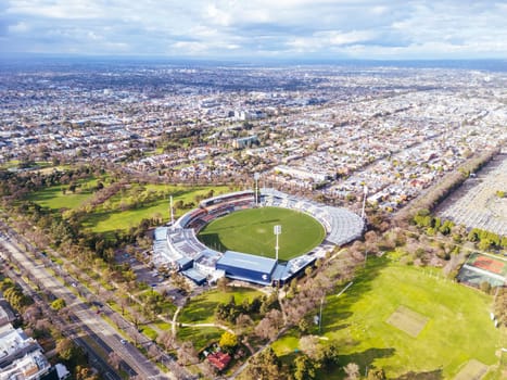 Aerial view of Royal Park and Ikon Stadium of Carlton Football Club on a cool winter's day from Parkville in Victoria, Australia