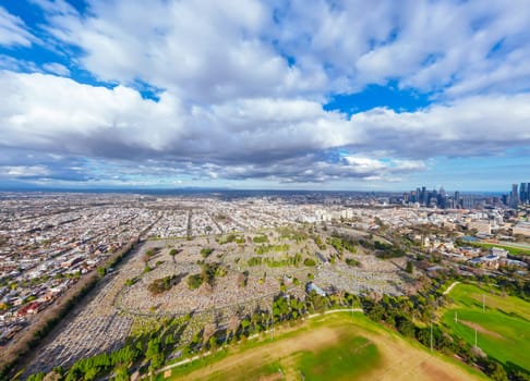 Aerial view of Melbourne Cemetery on a cool winter's day from Parkville in Victoria, Australia