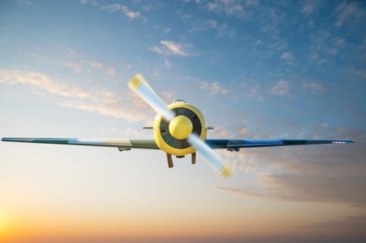 Small aircraft flying above in the blue sunset sky