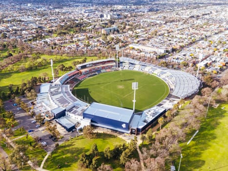 Aerial view of Royal Park and Ikon Stadium of Carlton Football Club on a cool winter's day from Parkville in Victoria, Australia