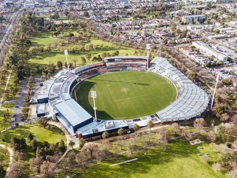 Aerial view of Royal Park and Ikon Stadium of Carlton Football Club on a cool winter's day from Parkville in Victoria, Australia