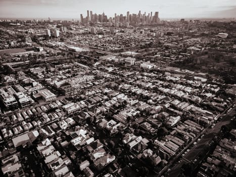 Aerial view of Melbourne skyline on a cool winter's day from Clifton Hill in Victoria, Australia