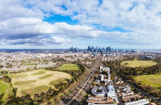 Aerial view of Melbourne skyline on a cool winter's day from Parkville in Victoria, Australia