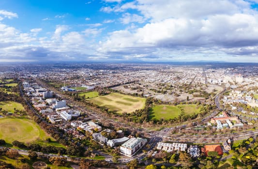 Aerial view of Royal Park and Ikon Stadium of Carlton Football Club on a cool winter's day from Parkville in Victoria, Australia