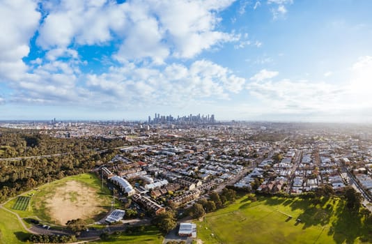 Aerial view of Melbourne skyline on a cool winter's day from Clifton Hill in Victoria, Australia