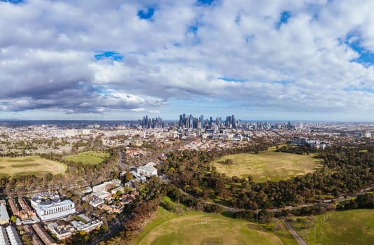 Aerial view of Melbourne skyline on a cool winter's day from Parkville in Victoria, Australia