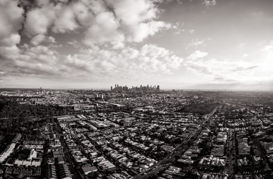 Aerial view of Melbourne skyline on a cool winter's day from Clifton Hill in Victoria, Australia