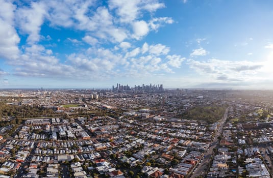 Aerial view of Melbourne skyline on a cool winter's day from Clifton Hill in Victoria, Australia