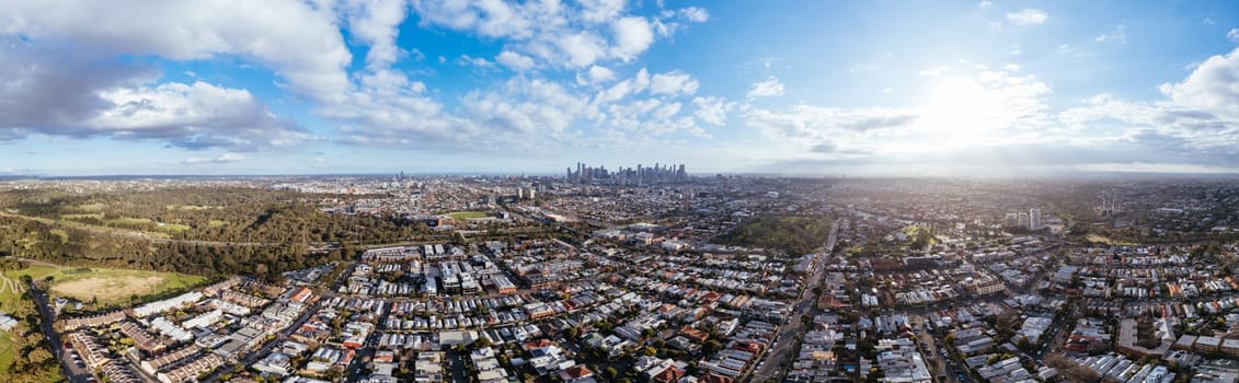 Aerial view of Melbourne skyline on a cool winter's day from Clifton Hill in Victoria, Australia