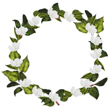 Floral wreath watercolor. Hand drawn round frame with green leaves and white flowers on isolated white background. Ideal for wedding cards and invitations for birthdays and anniversaries. High quality illustration