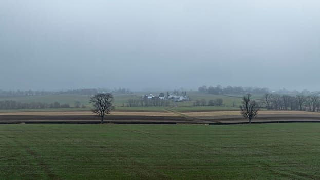 A farmhouse appears amid fog, surrounded by fields and bare trees, creating a tranquil yet mysterious atmosphere.