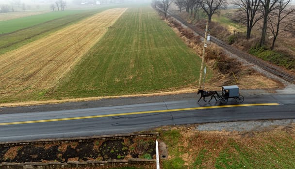 A horse-drawn Amish carriage moves down a rural road, surrounded by misty fields and trees, creating a serene atmosphere.